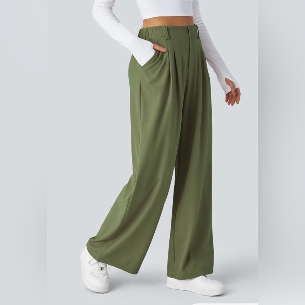 NWT HALARA Flex High Waisted Pocket Wide Leg Waffle Work Pants Loden Green MED